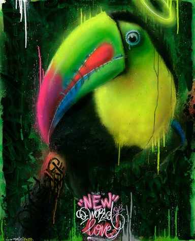 Un toucan coloré sur fond noir, avec des éclaboussures de peinture vive.