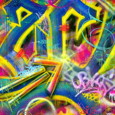 Graffiti coloré avec des motifs abstraits en bleu, jaune, et rose.
