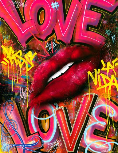 Graffiti coloré avec des lèvres rouges et le mot "LOVE" en grandes lettres.