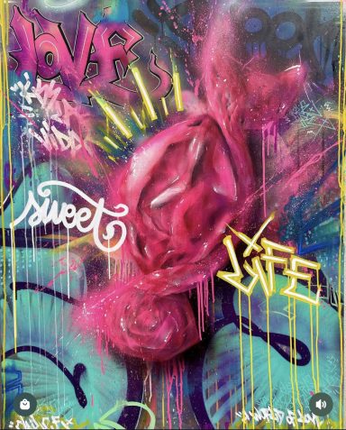 Graphique coloré avec des mots "love," "sweet," et "life" entourés de graffiti vibrant.
