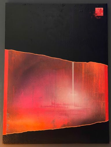 Abstrait aux teintes rouges et noires, avec une lumière brillante émergeant du bas.