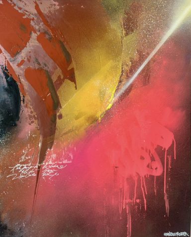 Détails abstraits avec des éclats de rouge, jaune et des effets de peinture en spray.