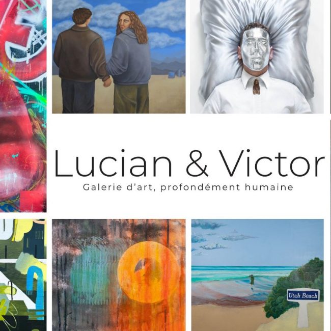 Collage d'œuvres d'art avec portraits, paysages et abstraits de la Galerie "Lucian & Victor".