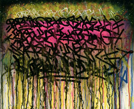 Graffiti coloré avec des mots en noir sur un fond vibrant et éclaboussé de peinture.