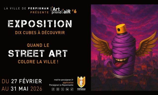 Affiche d'exposition sur le street art avec un personnage coloré et des informations dates.