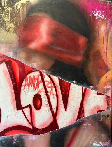 Graphe de style urbain avec le mot "LOVE" en rouge sur un fond abstrait.